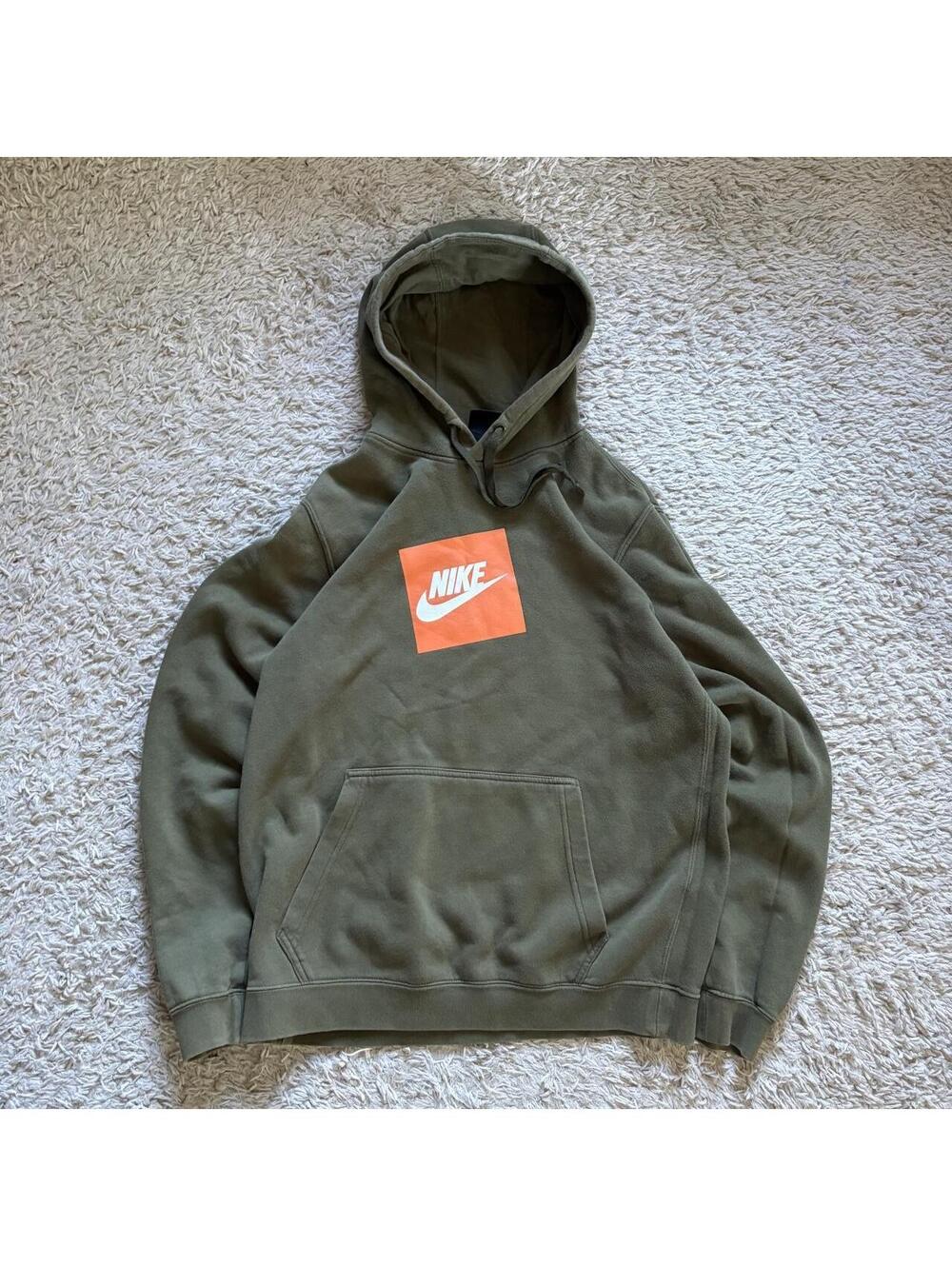 Nike olive green hoodie with orange square logo